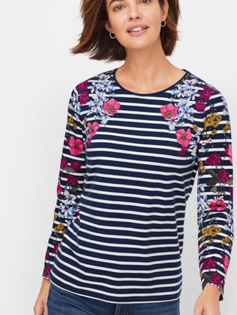 Talbots Navy & White  Pima Striped Long-Sleeve Tee with Pink Floral Accents